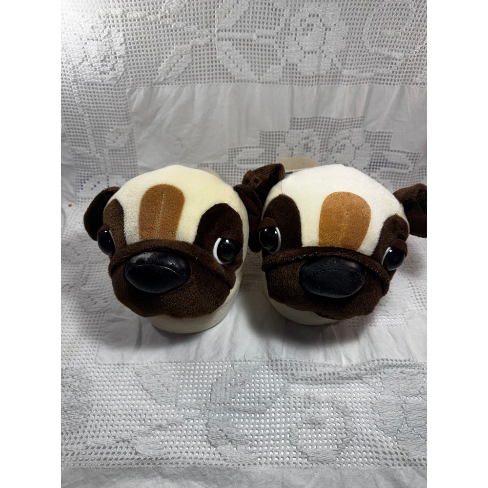 The Dog Artist Collection Pug Plush Slippers Tan Brown Large 8-9 House Shoes